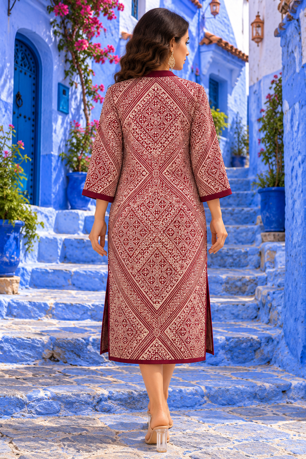 Three-Quarters Burgundy Geometric Chefchaouen