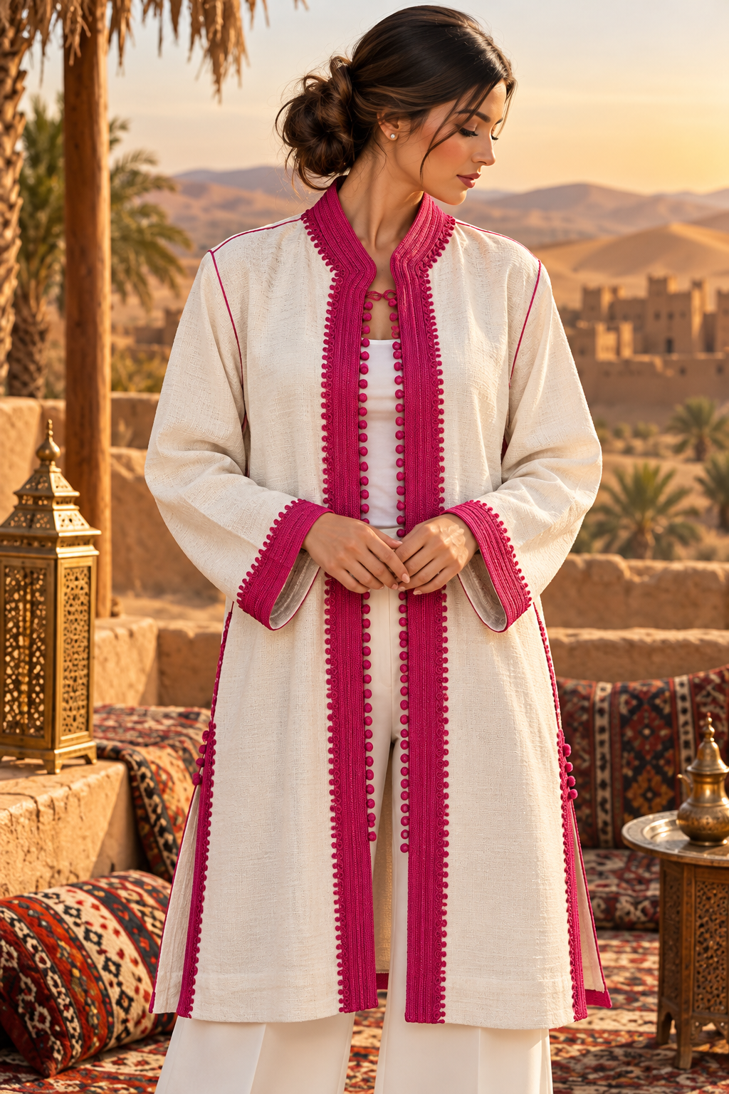 Three-Quarters Ivory Fuchsia Trim - Front