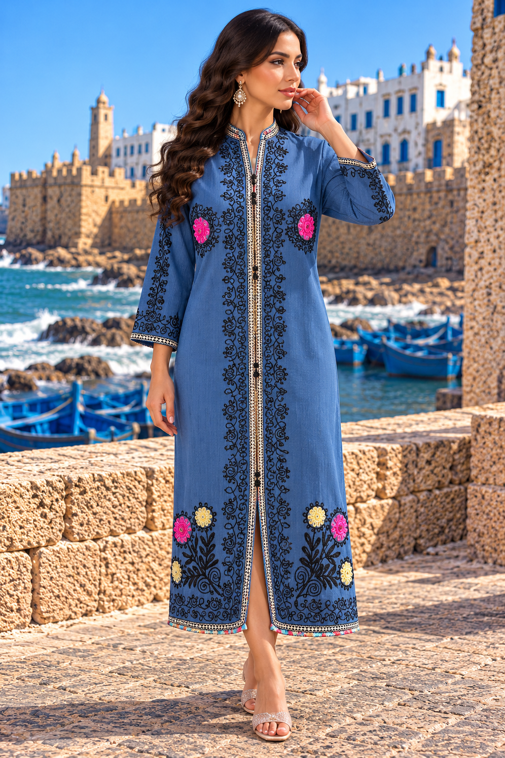 Three-Quarters Mediterranean Blue Embroidered - Front