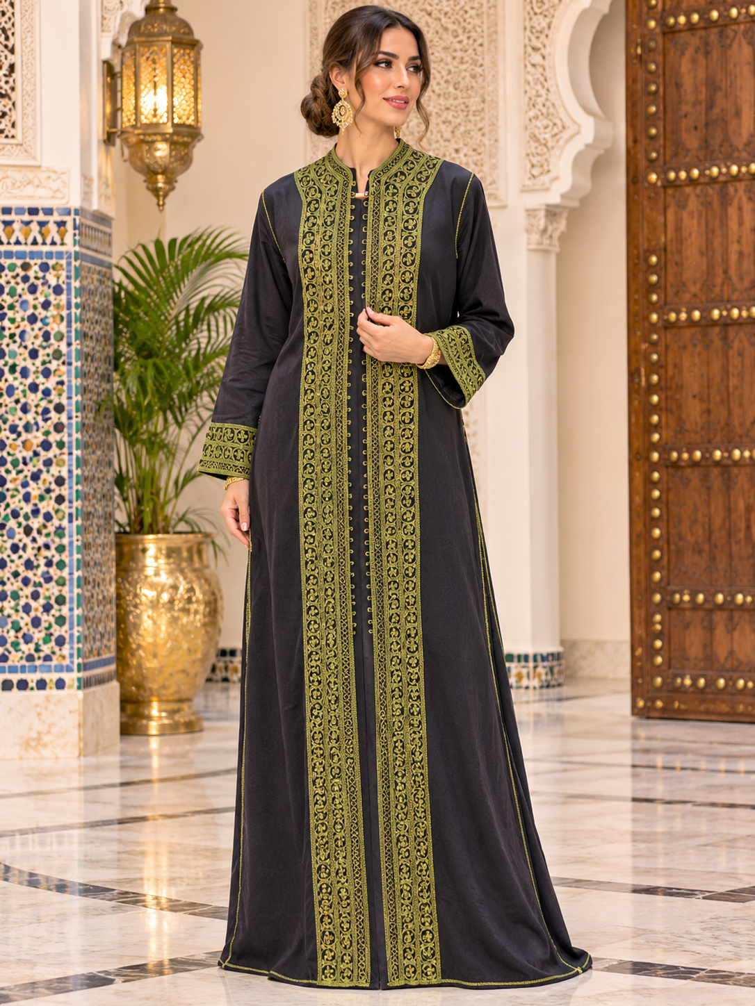 Caftan Charcoal Olive Embroidered Palace
