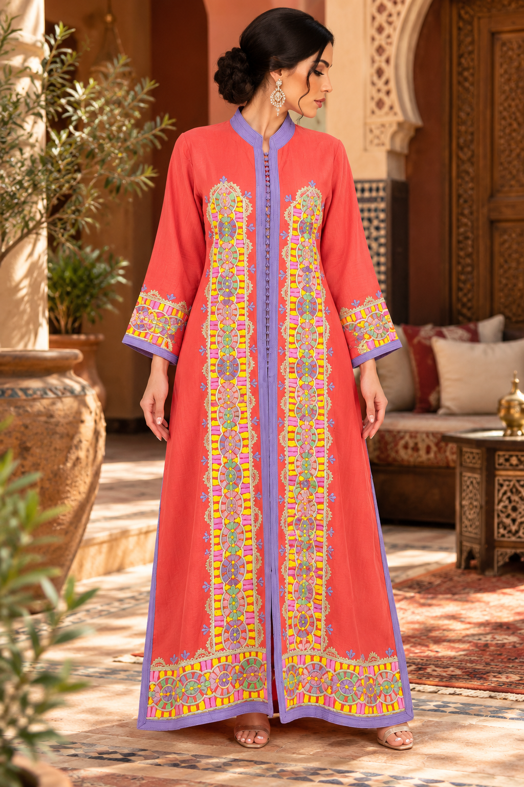 Caftan Coral Gold Embroidered - Front