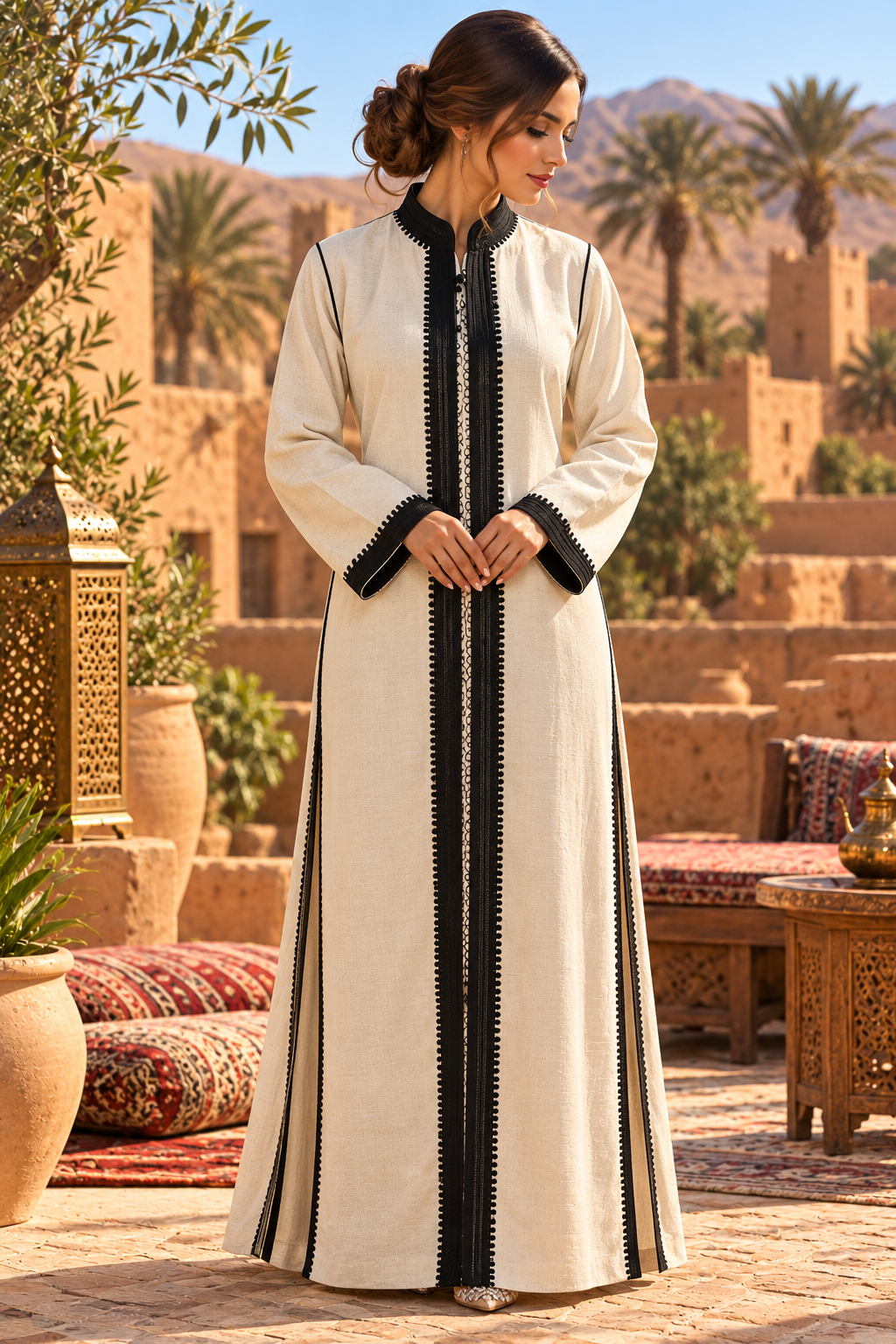 Caftan Ivory Black Trim Medina - Front
