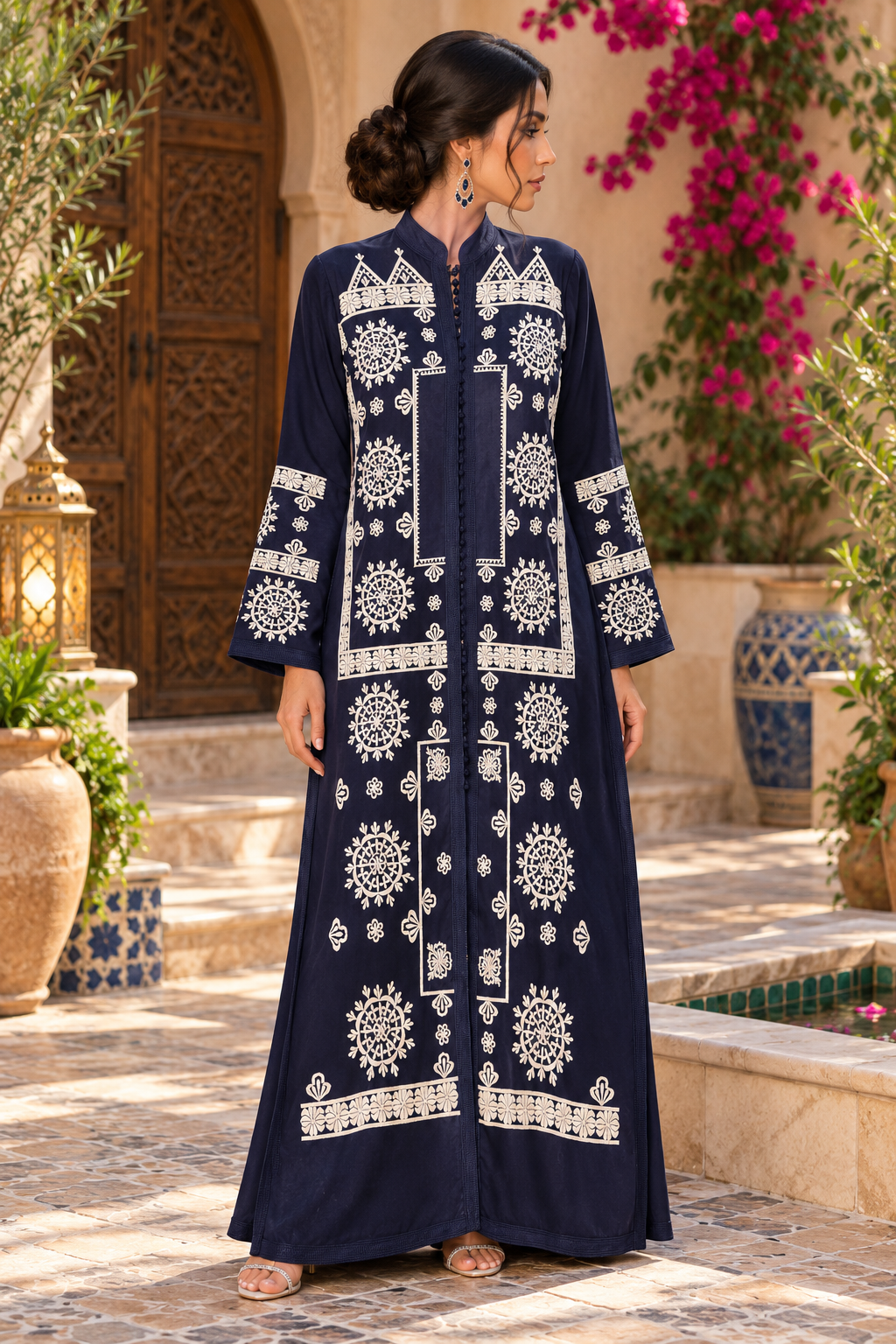 Caftan Navy White Embroidered - Front