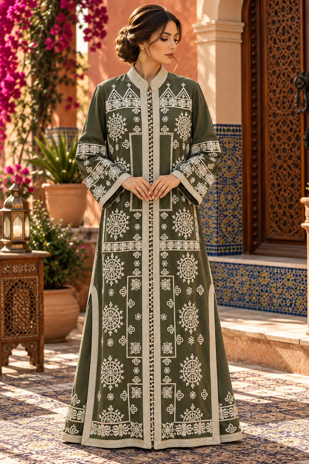 Caftan Olive Gold Embroidered - Front
