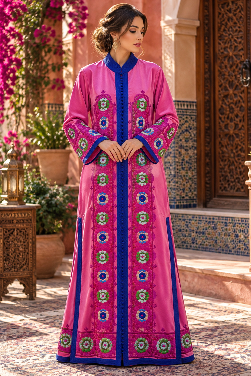 Caftan Pink Blue Embroidered - Front