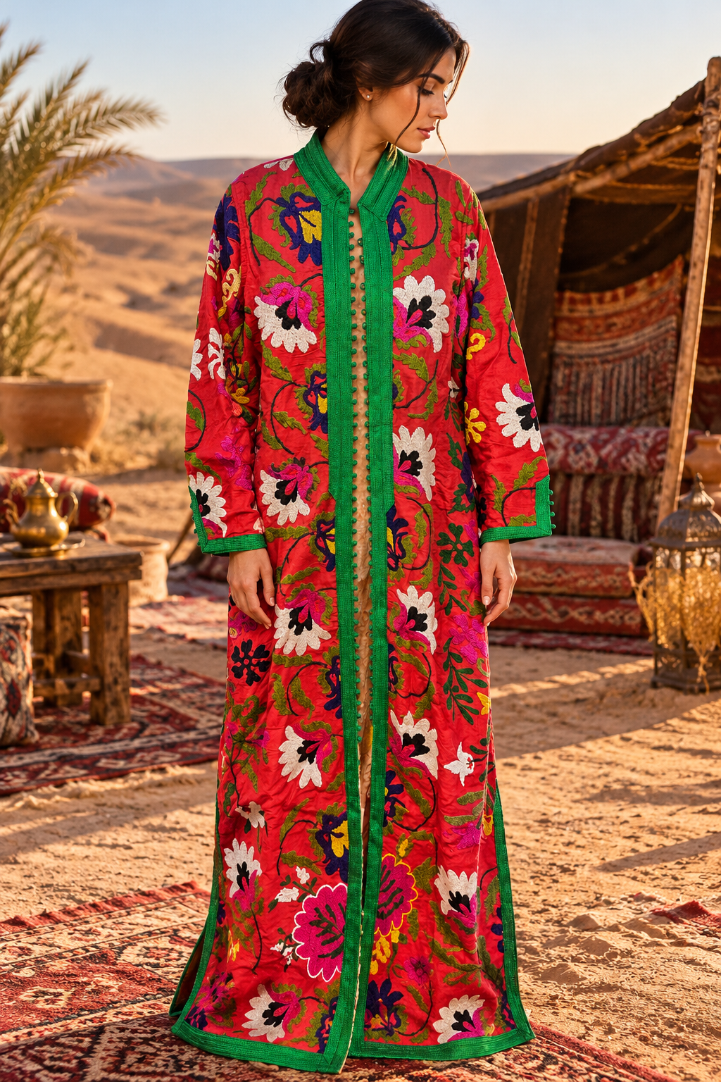 Caftan Red Multicolor Floral Embroidered - Front