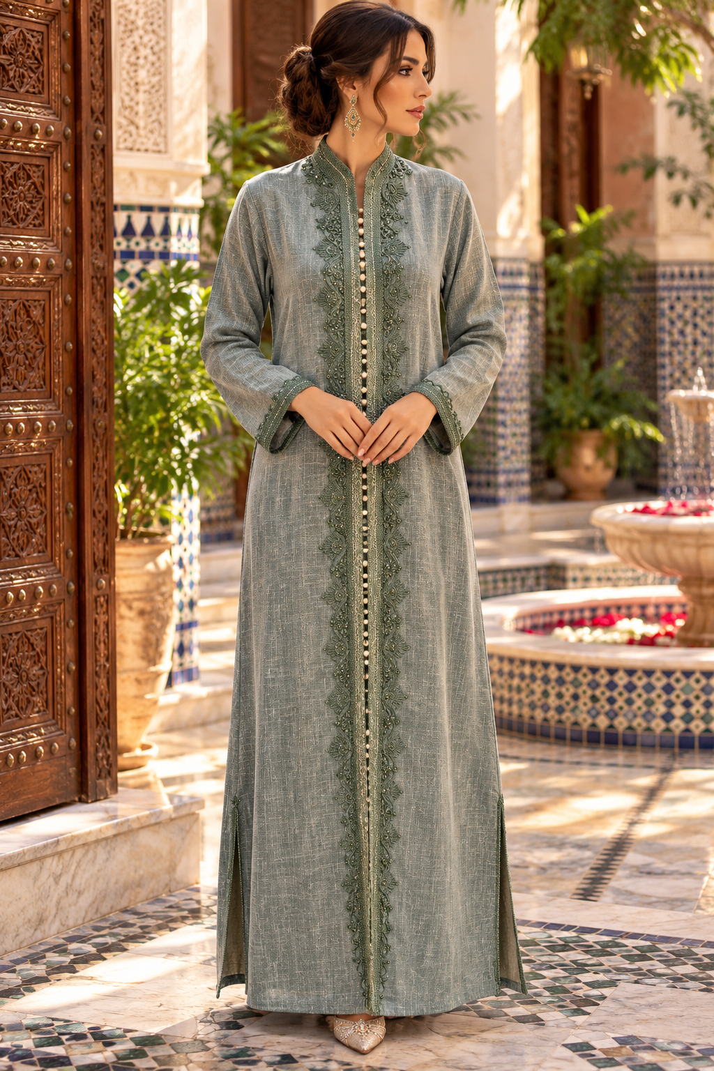 Caftan Sage Green Lace Courtyard - Front
