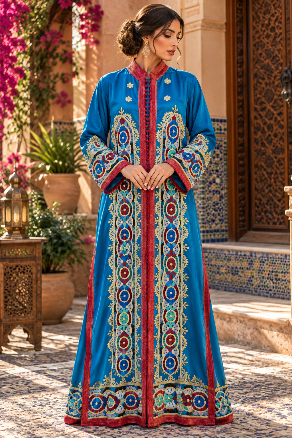 Caftan Teal Turquoise Embroidered - Front