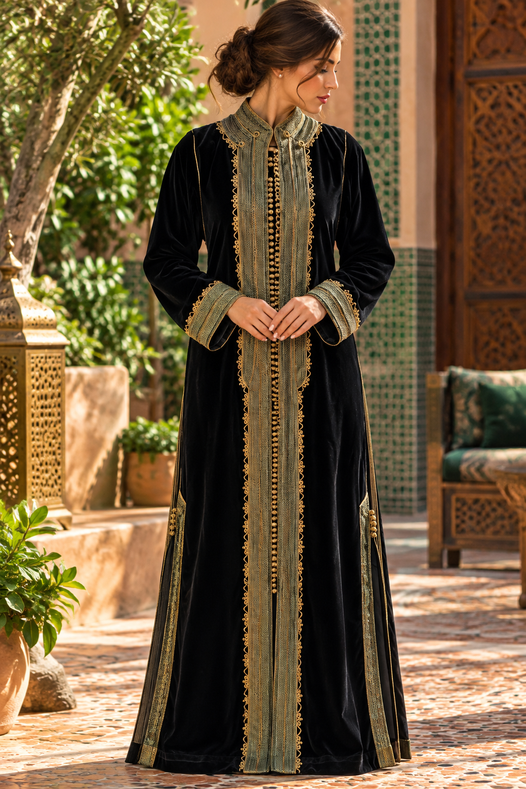 Caftan Black Gold Embroidered - Front
