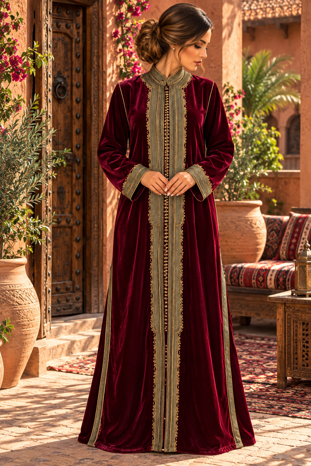 Caftan Burgundy Gold Courtyard - Front