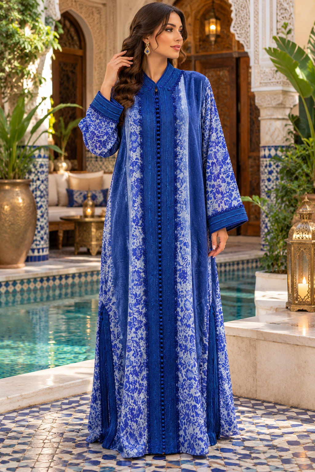 Caftan Royal Blue Floral Riad - Front