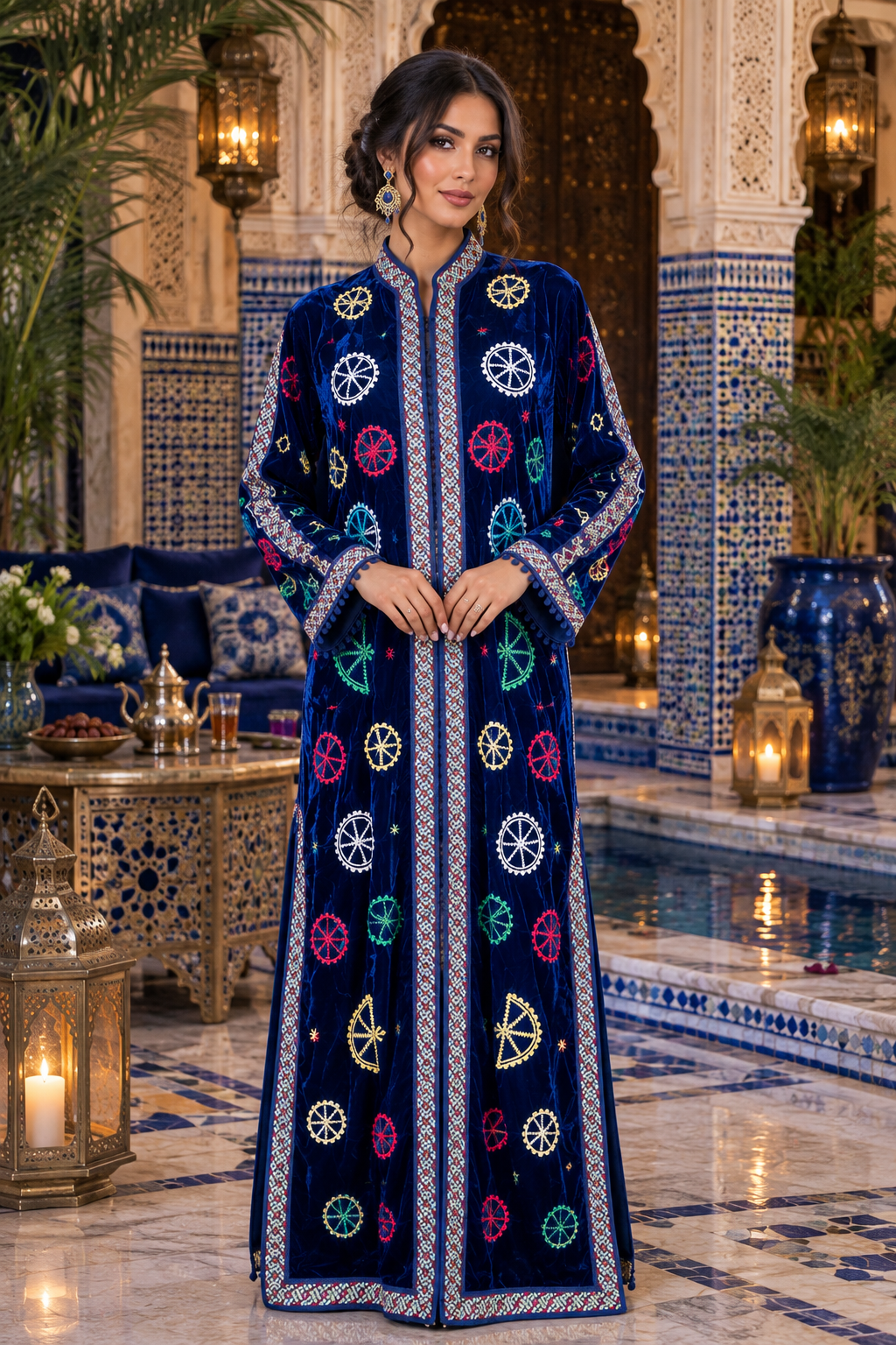 Caftan Royal Blue Multicolor Embroidered - Front