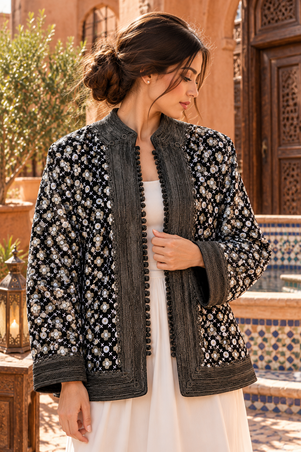 Jacket Black White Floral Embroidered - Front