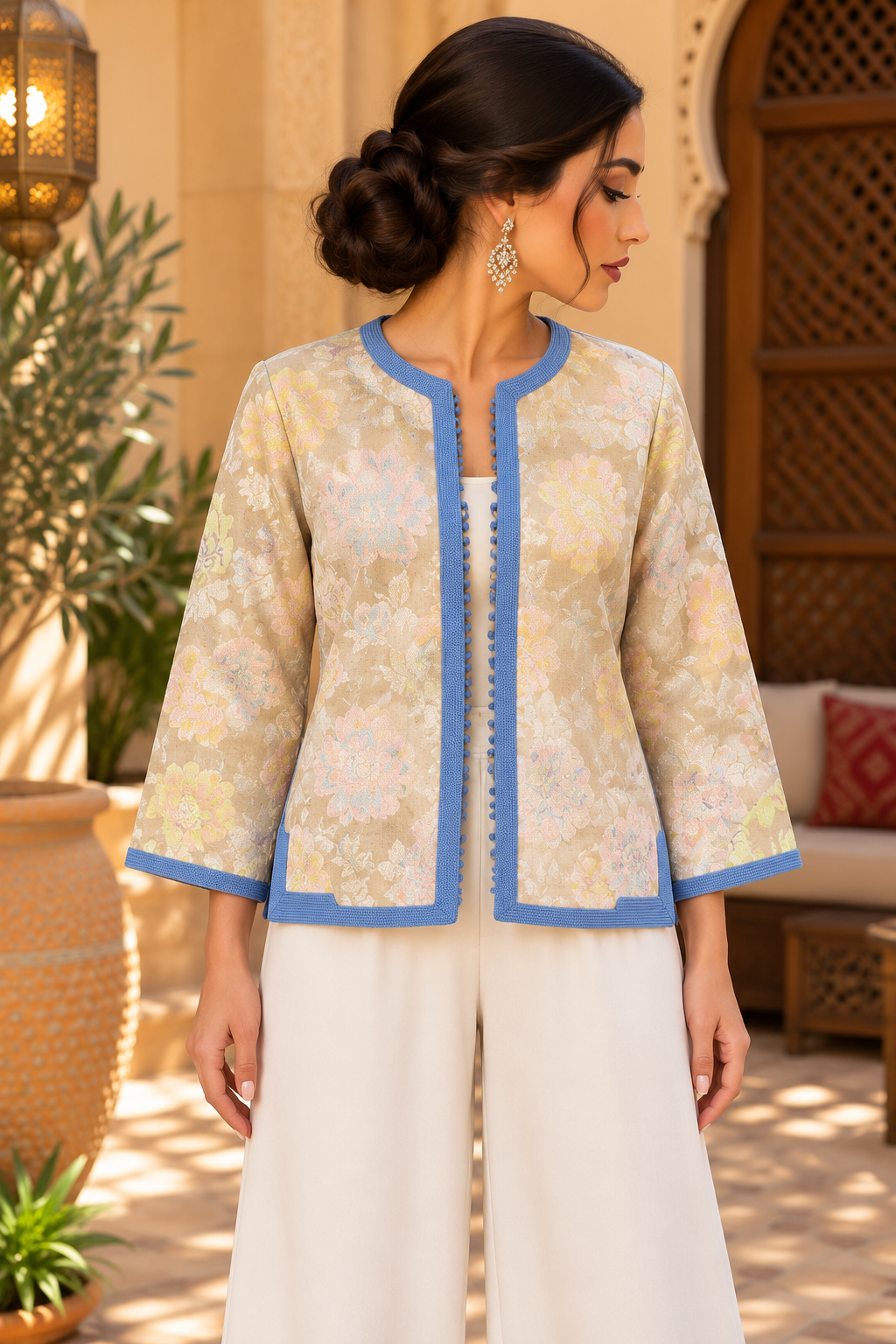 Jacket Ivory Blue Trim Floral Brocade - Front