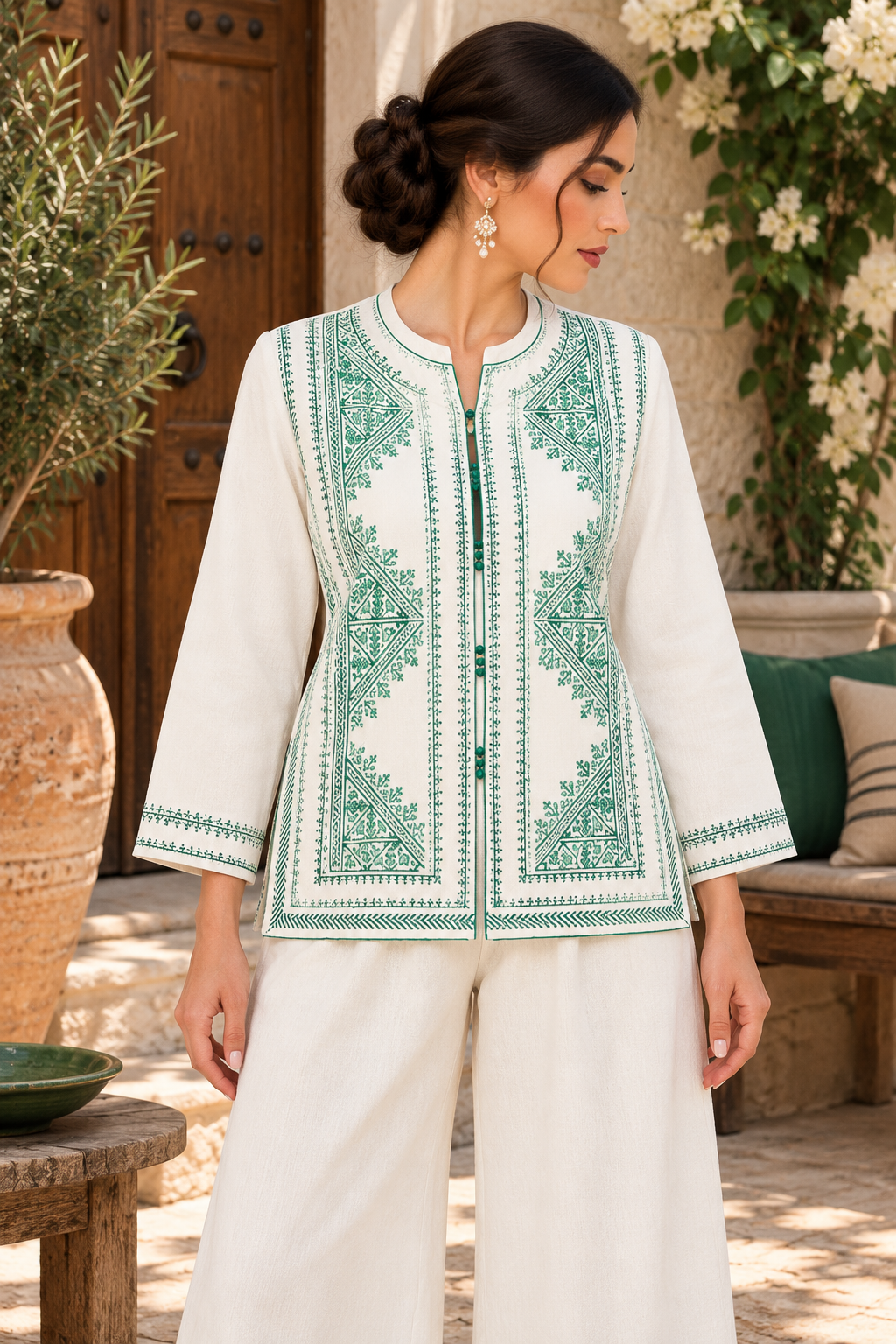 Jacket Ivory Green Embroidered - Front