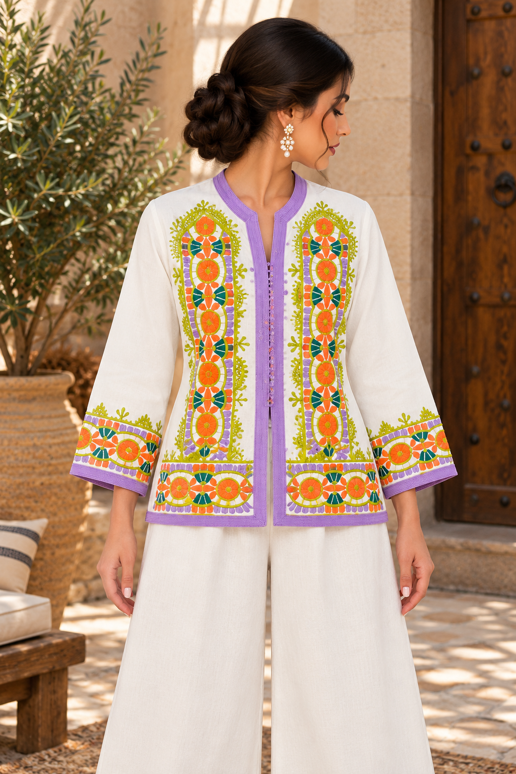 Jacket Ivory Multicolor Embroidered Courtyard - Front