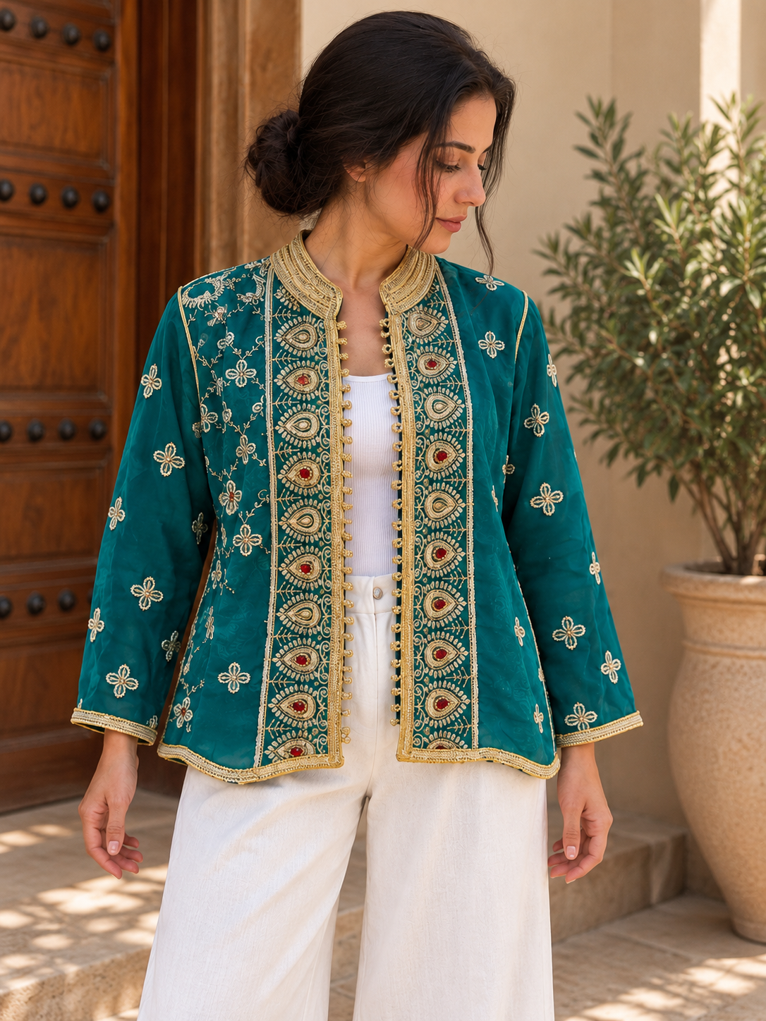 Jacket Teal Gold Embroidered - Front