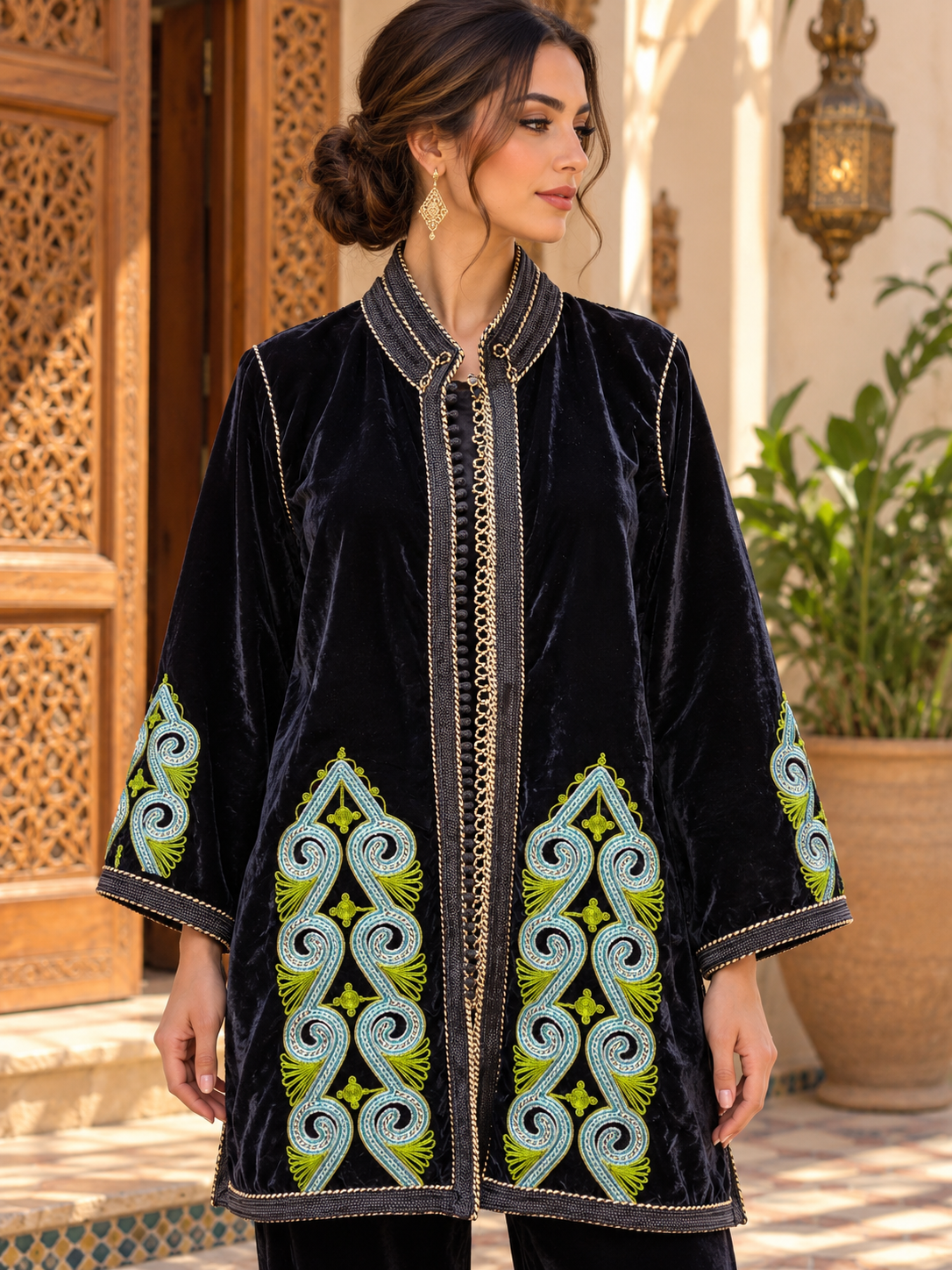 Jacket Black Cyan Embroidered Coat - Front