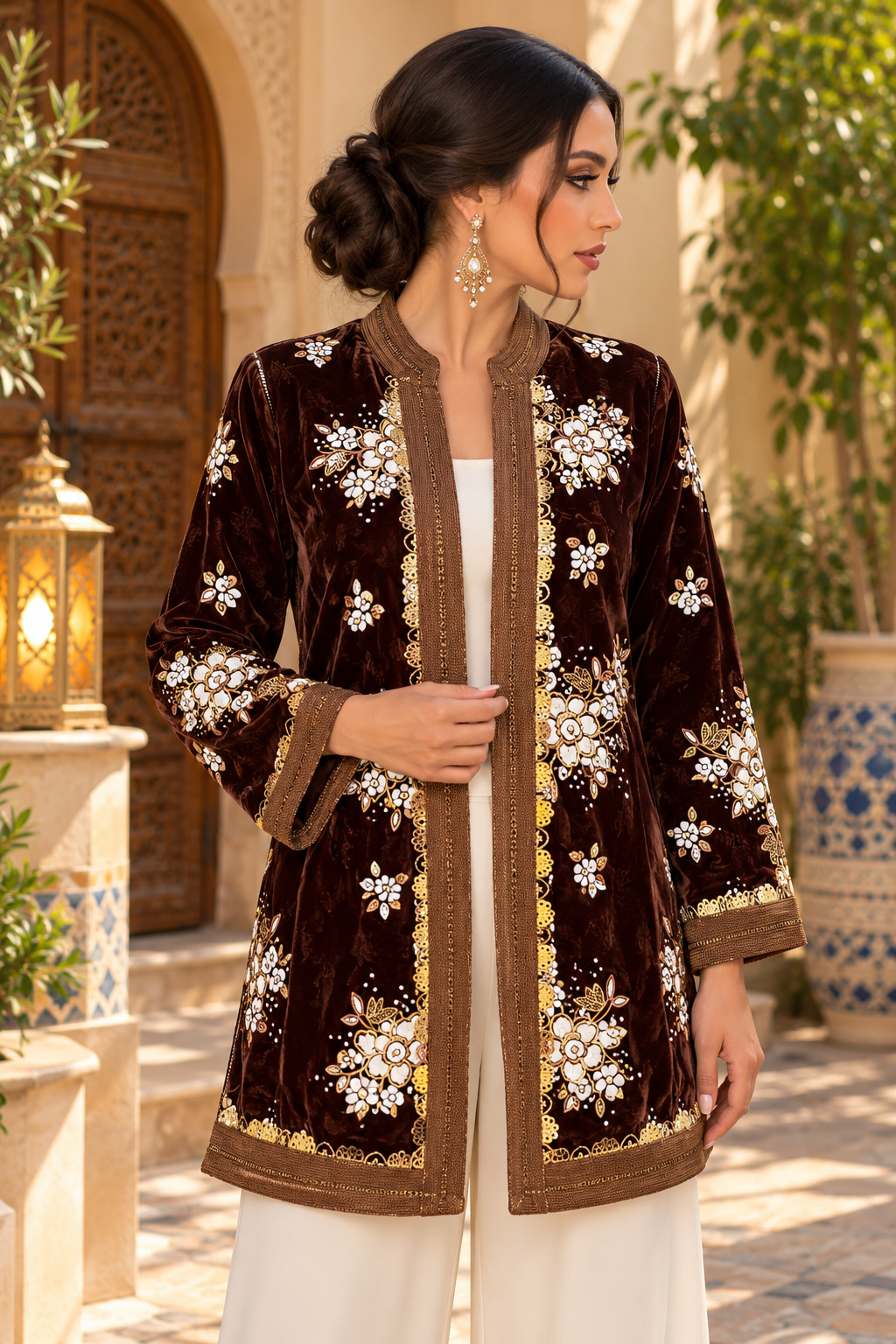 Jacket Dark Brown Floral Embroidered - Front