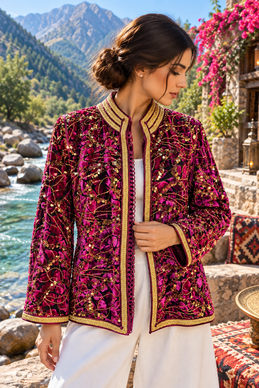 Jacket Magenta Floral Embroidered River - Front