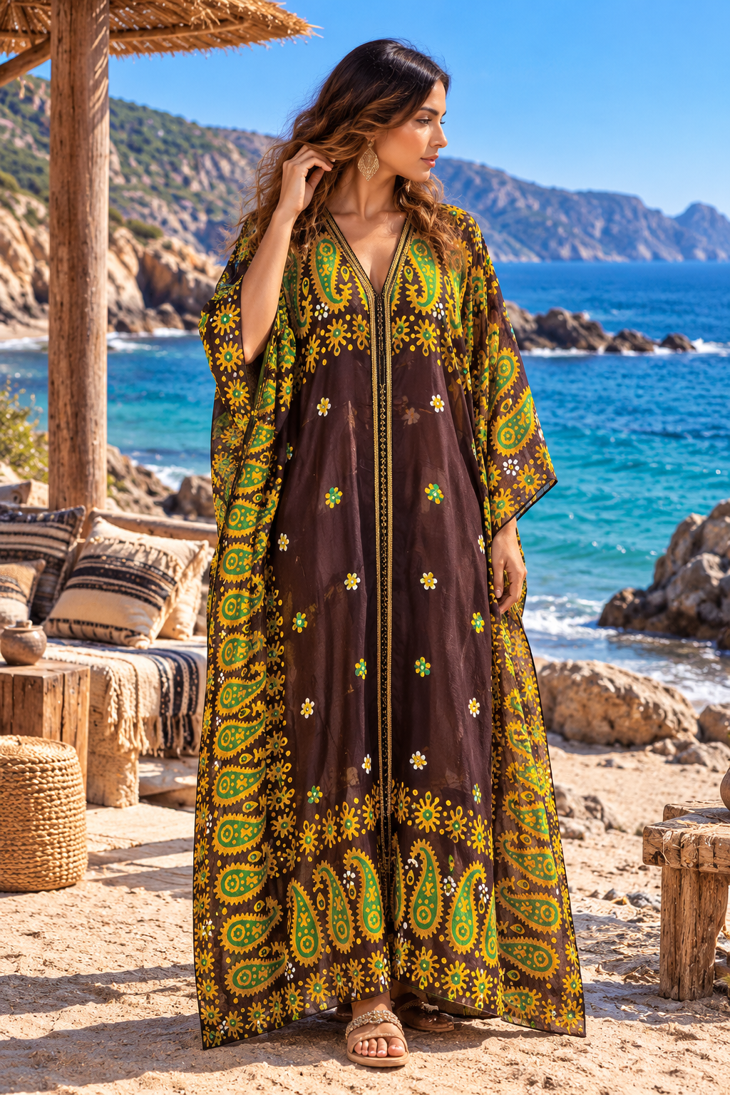 Kimono Brown Yellow Paisley Sea